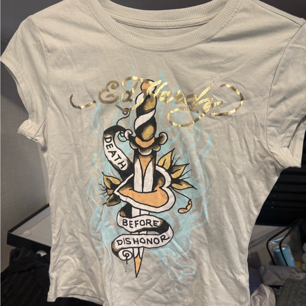 Ed Hardy Light Gray Tee with Gold Accents